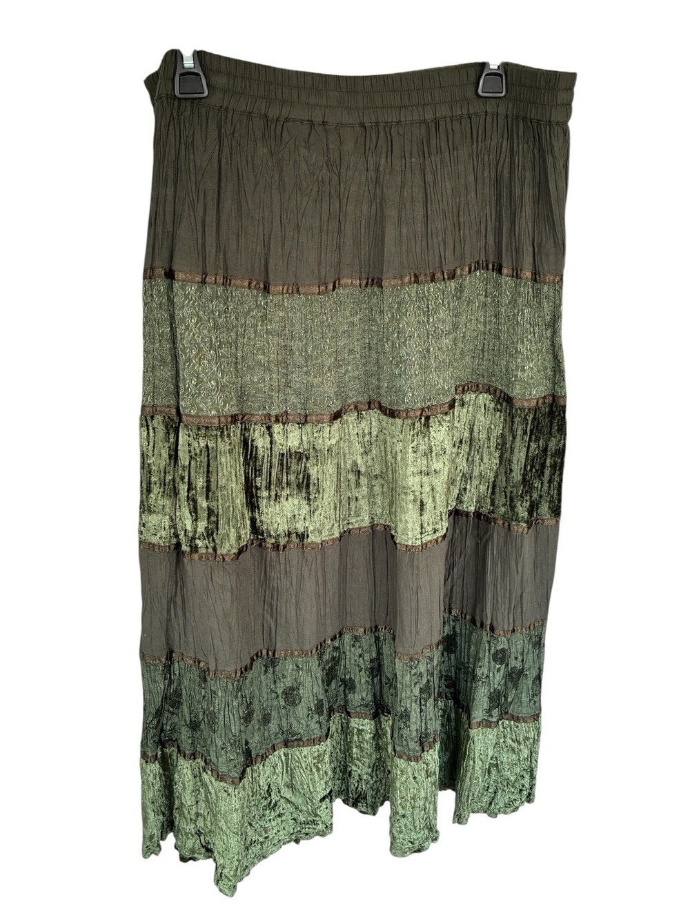 Patchwork velvety textured hues of green maxi skirt Vtg sz 12/14